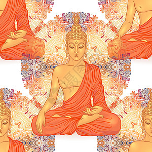 佛头无缝模式 复古装饰成分 印度佛教灵性深奥的瑜伽灵性 矢量图金子活力织物上帝插图打印精神橙子信仰文化图片