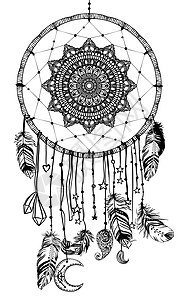 手画着美洲原住民神像的捕捉者 羽毛 月亮 白色孤立的矢量河马插图 种族设计 boho 梦中猎人部落符号海报艺术卡片纺织品睡觉圆圈图片