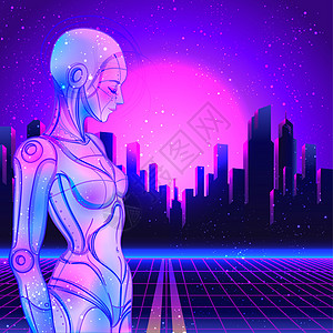 复古未来主义风格的机器人机器人女人的画像 矢量图 在发光的霓虹灯明亮的颜色的机器人的画像 未来派合成波传单模板逆波海报游戏插图派图片