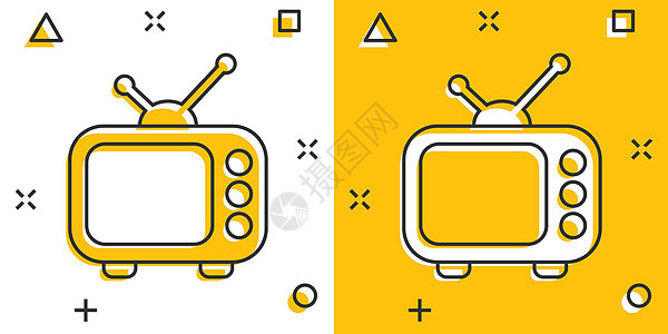 漫画风格的矢量卡通电视监视器图标 电视屏幕概念插图象形文字 电视节目业务飞溅效果概念电气卡通片信号展示视频手表古董天线娱乐播送图片