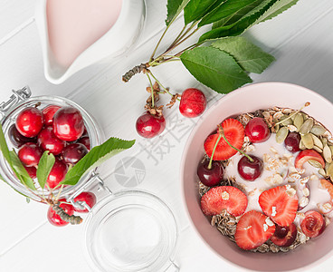 健康早餐 面食草和樱桃纤维种子坚果浆果燕麦桌子水果饮食谷物活力图片