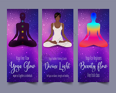 瑜伽卡设计 莲花姿势的非裔美国妇女 精神静修或瑜伽工作室的多彩设计模板 观赏名片 矢量图身体冥想横幅绘画女性女孩运动平衡插图传单图片