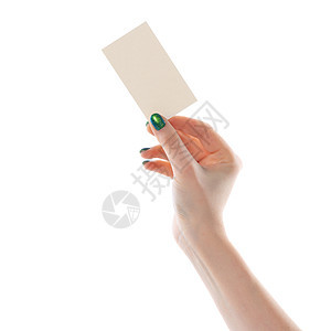 女性手举着白色的白纸横幅文档优惠券礼物棕榈职业手臂营销空白广告拇指图片