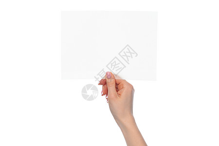 女性手持白纸空白白纸 与白色隔绝棕榈手臂手指销售量拇指角落职业身份广告成功图片