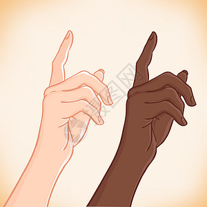 白种人和非裔美国人女性的手 与食腐者一起展出一些东西图片