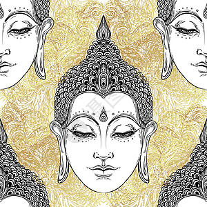佛头无缝的图案 古代装饰成分 印度人 佛教 神学 瑜伽 灵性 矢量插图佛陀雕像温泉冥想信仰文化橙子精神墙纸织物图片