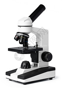 在白色背景 前视面上分离的科学显微镜学校实验药品实验室研究生物学工作室微生物学宏观乐器图片