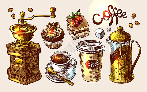 咖啡草画插图杯子香气酒吧海报咖啡店绘画品牌咖啡店铺早餐图片
