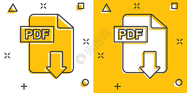 漫画风格的矢量卡通 PDF 下载图标  PDF 格式符号插图象形文字 文档业务飞溅效果概念白色卡通片黄色按钮互联网数据电子书档案图片