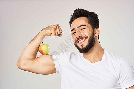 白T恤苹果健康 适当营养的长胡子男子胡椒健美市场盘子饮食男性运动员思维肚子乐趣图片
