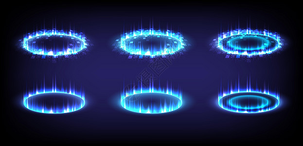 发光的 HUD 中的科幻高科技舞台系列 科学未来派的全息图门户 奇幻游戏中的魔法传送门 3D 音乐声波 圆形传送讲台 GUI U图片