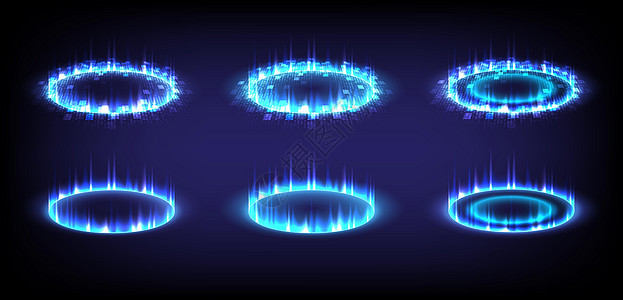 发光的 HUD 中的科幻高科技舞台系列 科学未来派的全息图门户 奇幻游戏中的魔法传送门 3D 音乐声波 圆形传送讲台 GUI U背景图片