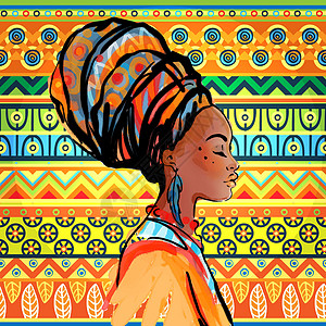 美丽的非洲女性身戴头巾的肖像可见魅力插图民间女孩情调脖子文化水彩女士头饰图片