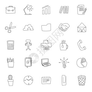 办公室手绘线性涂鸦隔离在白色背景上 用于 web 和 ui 设计 移动应用程序和印刷产品的办公室图标集网络打印机手绘商务馅饼交易图片