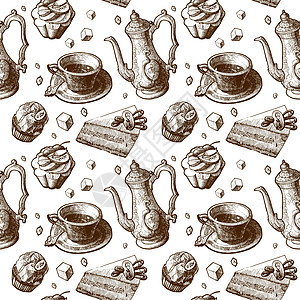 无缝配糖的无缝模式草图墙纸素描烹饪勺子咖啡巧克力糖果餐具糕点图片