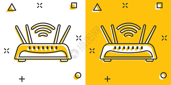 漫画风格的 Wifi 路由器图标 白色孤立背景上的宽带卡通矢量插图 互联网连接飞溅效应商业概念电脑技术无线信号数据天线卡通片黄色图片