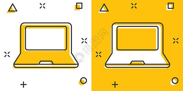 漫画风格的矢量卡通笔记本电脑图标 笔记本标志插图象形文字  Pc 业务飞溅效果概念屏幕互联网绘画网站网络桌面用户展示技术监视器图片