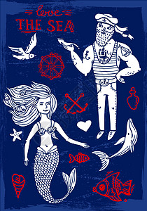 水手和美人鱼星星海盗生活气泡护卫舰海洋海浪插图脚蹼车轮图片