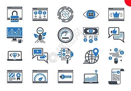 搜索引擎优化的细线图标集技术商业咨询插图服务社会排行营销地球支付图片