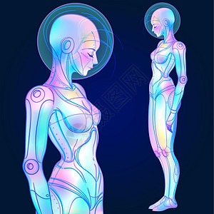 复古未来主义风格的机器人机器人女人的画像 矢量图 在发光的霓虹灯明亮的颜色的机器人的画像派对科幻机器技术传单合成智力狂欢宇航员女图片
