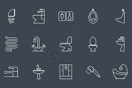卫生工程矢量细线相关图标集 用于网络和移动应用程序艺术空气阀门陶瓷收藏房间座位混合器淋浴洗手间图片