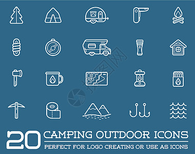 一套矢量露营要素和户外活动图标说明可用作保费质量的Logo或图标Og房车标签露营者登山勘探野生动物收藏公园斧头潮人图片