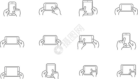 一套图标用手拿着智能设备与手势药片电子技术手机导航收藏工具插图触摸屏质量图片