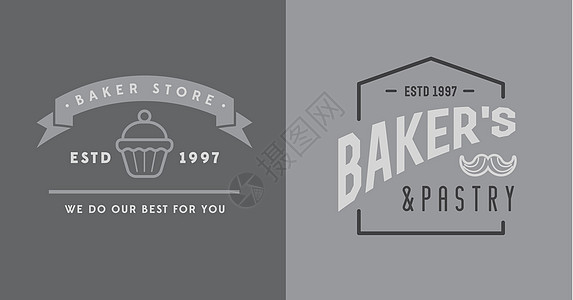 一组矢量烤烤糕饼元素和面包图标说明可用作保费质量的Logo或图标店铺滚动糕点徽章小麦蛋糕甜甜圈标签咖啡店标识图片