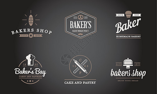 一组矢量烤烤糕饼元素和面包图标说明可用作保费质量的Logo或图标混合器潮人搅拌机黑板店铺厨房徽章标签收藏标识图片