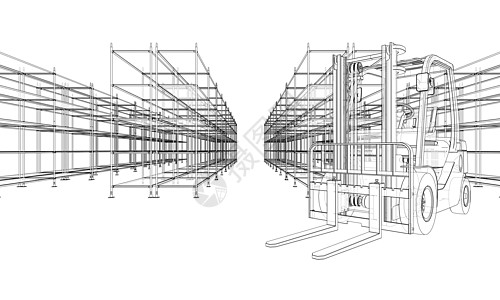 仓库架货架和叉车生产加载仓库卡车工业液压拖拉机送货蓝图力量图片