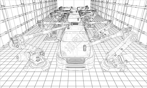 机动车辆组装 3d 插图机械技术商业手臂汽车电脑制造业自动化蓝图运输图片