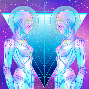 复古未来主义风格的机器人机器人女人的画像 矢量图 在发光的霓虹灯明亮的颜色的机器人的画像 未来派合成波传单模板 网络技术女孩智力图片