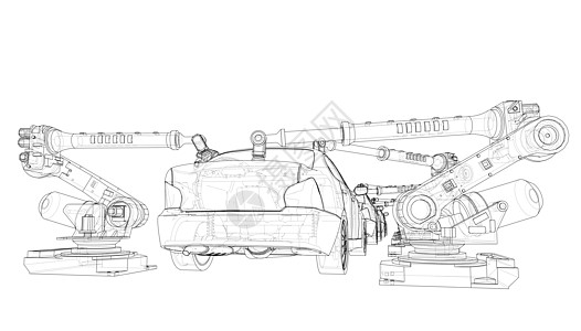 机动车辆组装 3d 插图设备汽车制造业手臂自动化输送带技术工厂蓝图商业图片