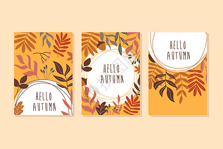 一套橙色的明信片 秋叶和装饰元素艺术卡片海报植物热带横幅叶子作品插图染色图片