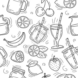 夏季鸡尾酒和柠檬水的可爱卡通手绘背景饮料玻璃雕刻薄荷水果柠檬果汁绘画热带派对图片
