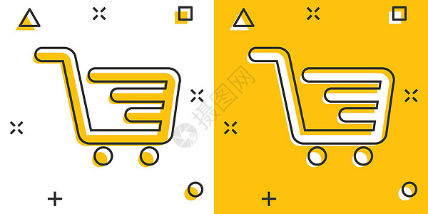 漫画风格的购物车图标 Trolley 卡通矢量插图在白色孤立背景上 篮子喷洒效应商业概念互联网市场店铺卡通片电子商务销售购物按钮图片