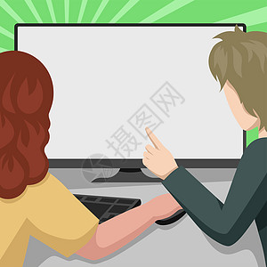 夫妇绘图使用台式计算机互相帮助完成工作 男人指着一个大的空白监控屏幕帮助这位女士完成她的任务人手图形团队桌子学习成人两个人教育电图片