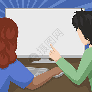 夫妇绘图使用台式计算机互相帮助完成工作 男人指着一个大的空白监控屏幕帮助这位女士完成她的任务教学学习办公室学生人士职业全球团队通图片