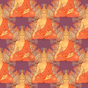 佛头无缝模式 复古装饰成分 印度佛教灵性深奥的瑜伽灵性 矢量图精神墙纸上帝文化信仰金子冥想雕像佛陀橙子图片