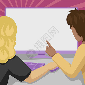 夫妇绘图使用台式计算机互相帮助完成工作 男人指着一个大的空白监控屏幕帮助这位女士完成她的任务竞赛人士乐趣商业两个人团队成人合作男图片