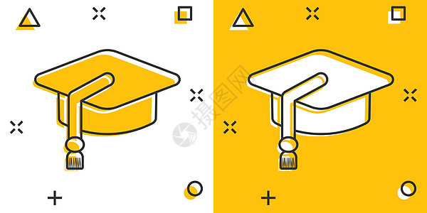 漫画风格的卡通教育帽子图标 学士帽插图象形文字 教育标志飞溅经营理念知识学士白色大学庆典文凭黄色按钮卡通片学习背景图片
