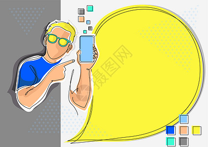 为拿着电话的年轻人画线 提出新的想法与讲话泡泡 携带手机的人用对话气球展示新想法创造力建造业职业人士眼镜商业蓝色商务科学工程师图片