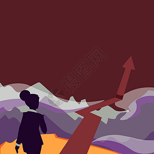 往山上走的女士用箭头标记成功 女商务人士朝着她的成就迈进 山上有一个大标记套装冒险卡通片男人商务职业竞赛成人计算机金融图片