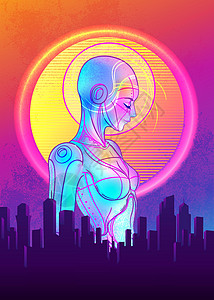 复古未来主义风格的机器人机器人女人的画像 矢量图 在发光的霓虹灯明亮的颜色的机器人的画像 未来派合成波传单模板合成器宇航员智力女图片