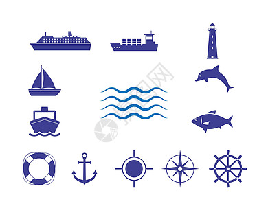 海图标设置 矢量图示 平面设计车轮潜艇海滩帆船海军插图液体收藏章鱼标识图片
