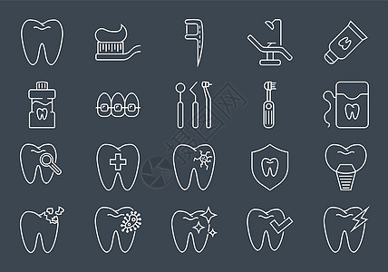 牙科图标集 牙科相关矢量线图标集椅子信息标识牙膏中风微笑手术空腔图表假牙图片