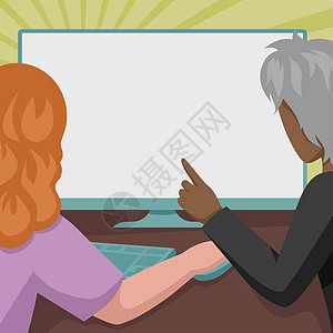 夫妇绘图使用台式计算机互相帮助完成工作 男人指着一个大的空白监控屏幕帮助这位女士完成她的任务竞赛家庭友谊团队成人男孩们桌子人士讨图片