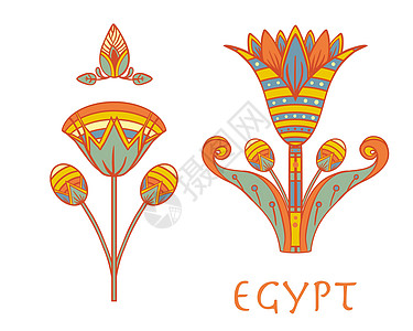 埃及花卉多彩设计元素集隔离在白色 莲花图宝藏历史百合标识珠宝文明古董文化绘画插图图片