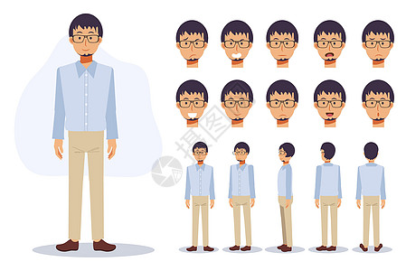 男子的性格在各种观点中穿戴带眼镜的散装服装 Flat矢量 2D 卡通字符插图图片