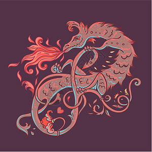 神话中的魔兽巴西利斯克 中世纪风格的传奇奇异生物 龙 燃烧的火焰 矢量图绘画寓言魔法纺织品野生动物生物蜥蜴动物蛇怪雕刻图片